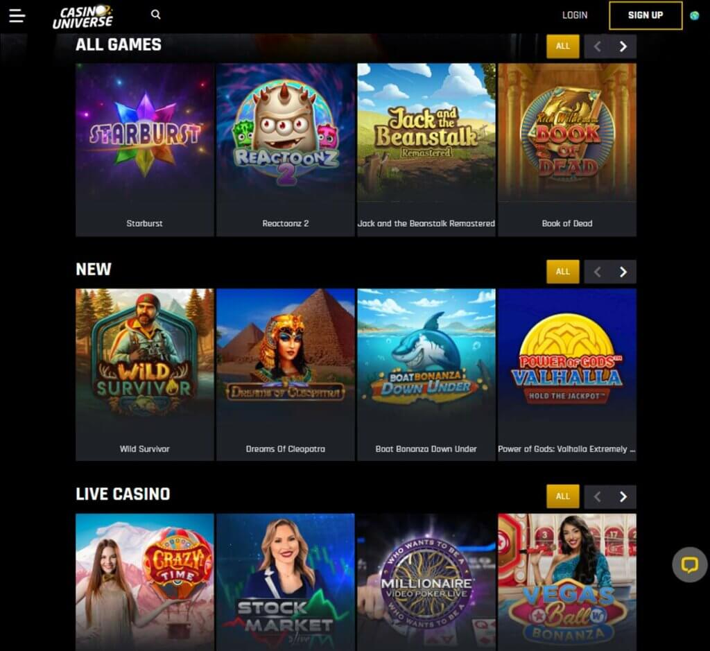 Casino Universe home page review