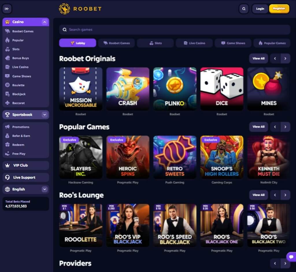 Roobet Casino home page review