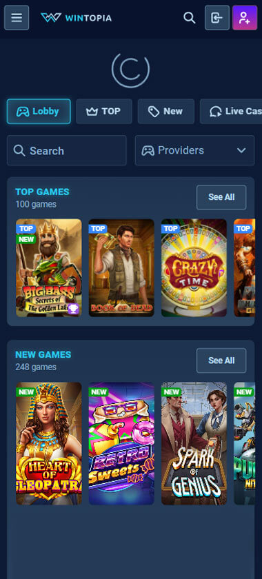 Wintopia Casino game types mobile review