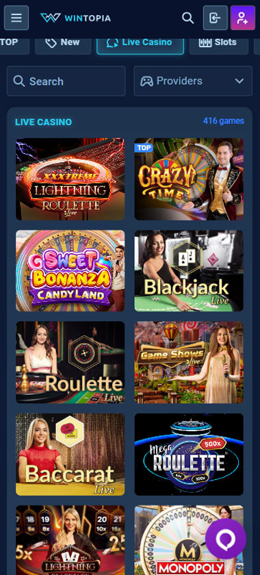 Wintopia Casino live dealer games mobile review