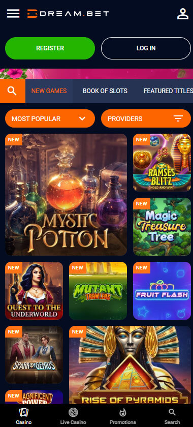 Dream Bet Casino game types mobile review