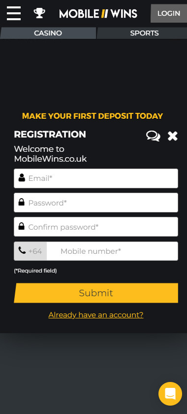 MobileWins Casino Registration Process Image 1