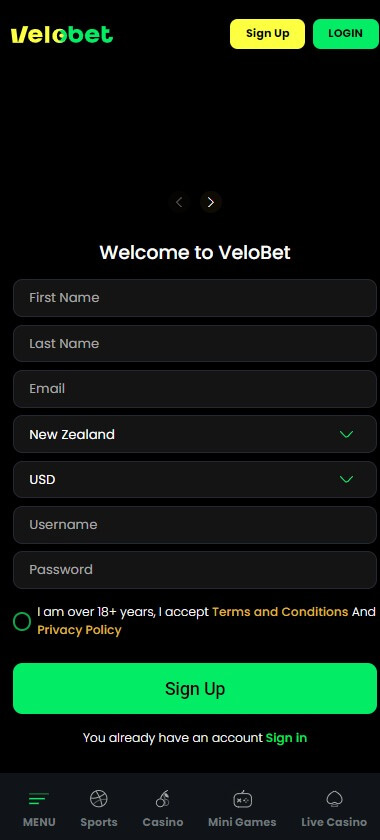 Velobet Casino Registration Process Image 1